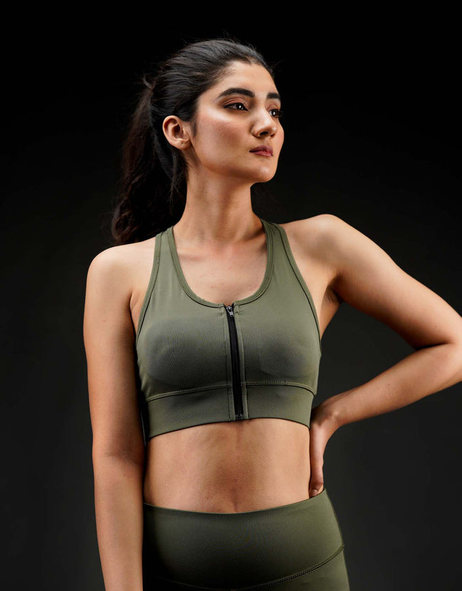 Zip Sports Bra - Camo Green